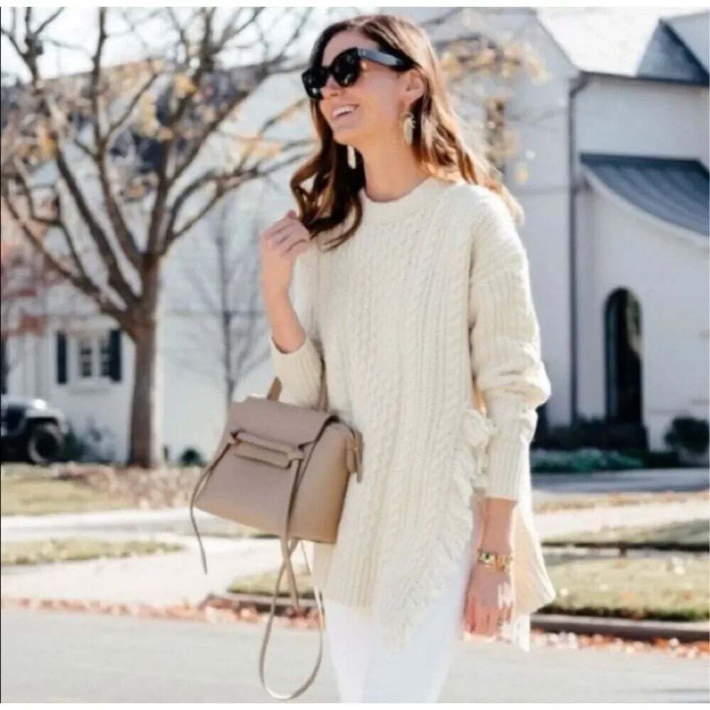 J. CREW Fisherman Fringe Size S Cream Wool Sweater Alpine Chic Cabincore Preppy